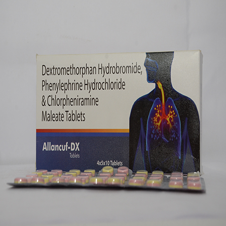 Product Name: ALLANCUF DX, Compositions of ALLANCUF DX are Dextromethorphan Hydrobromide, Phenylphrine HCL & Chlorpheniramine Maleate Tablets - Alencure Biotech Pvt Ltd