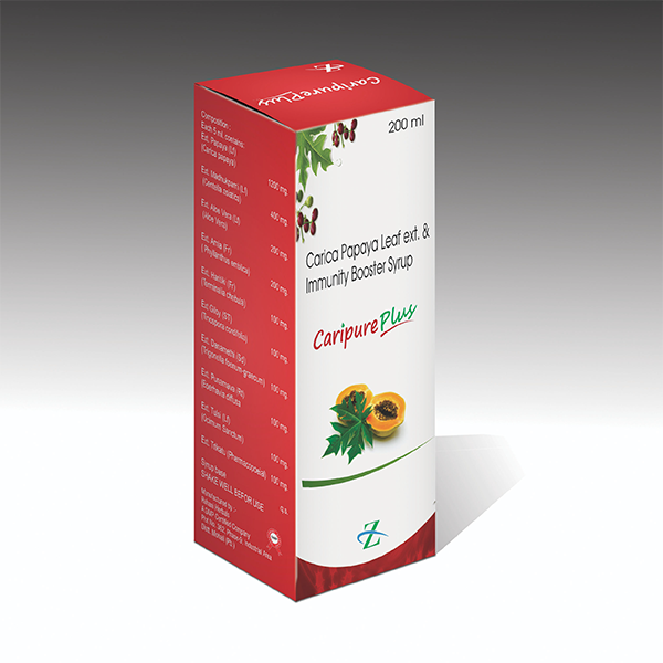 Product Name: Caripure plus, Compositions of Caripure plus are Carica Papaya Leaf Ext. & immunity Booster Syrup - Zynovia Lifecare