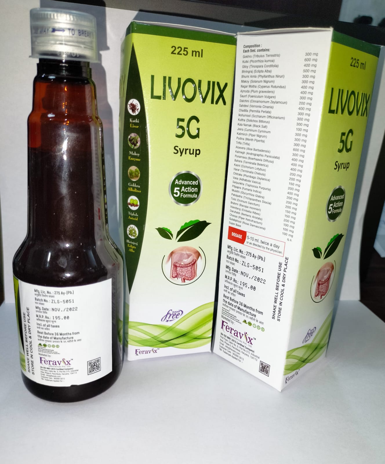 Product Name: LIVOVIX 5G Syrup, Compositions of LIVOVIX 5G Syrup are LIVER DS, ENZYME, ANTA ACID, ALKALISER, LAXATIVE EACH 5 ML - Feravix Lifesciences