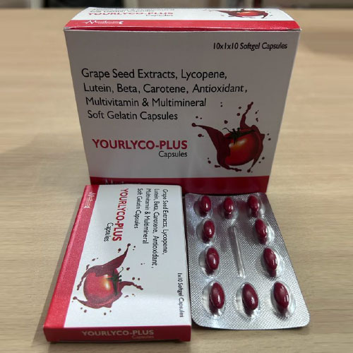 Product Name: YOURLYCO PLUS, Compositions of YOURLYCO PLUS are Grape Seed Extracts, Lycopene, Lutein, Beta, Carotene, Antioxidant, Multivitamin & Multimineral Soft Gelatin Capsules - Medicure LifeSciences