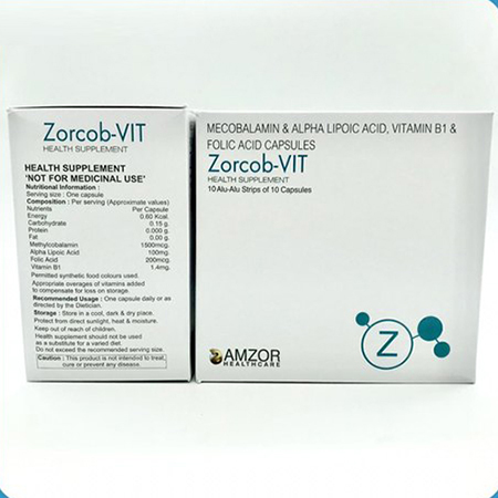 Product Name: Zorcob Vit, Compositions of are Mecobalamin,Alpha Lipoic Acid,Vitamin B1 & Folic Acid Capsules - Amzor Healthcare Pvt. Ltd