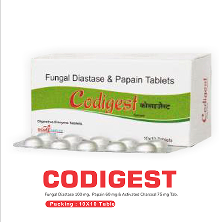 Product Name: Codigest, Compositions of Codigest are Fungal Diastase & Pepain Tablets - Scothuman Lifesciences
