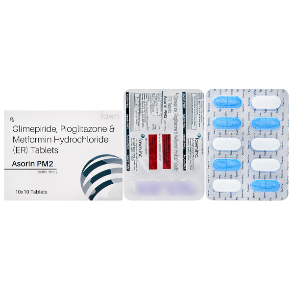 Product Name: ASORIN PM2, Compositions of Glimipride 2 mg+Metformin 500 mg + Pioglitazone 15 mg. are Glimipride 2 mg+Metformin 500 mg + Pioglitazone 15 mg. - Fawn Incorporation