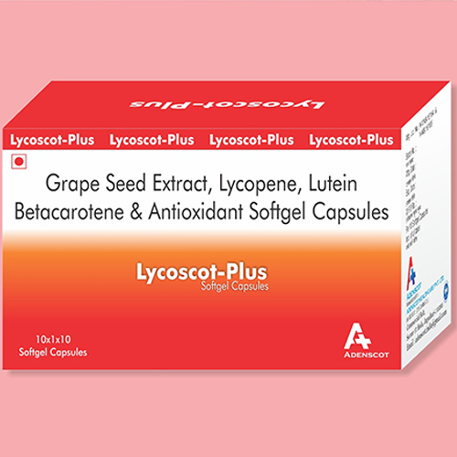 Product Name: Lycoscot, Compositions of Lycoscot are GrapeSeed Extract, Lycopene, Lutein Betacarotene & Antioxidant Sotgel Capsules - Adenscot Healthcare Pvt. Ltd.