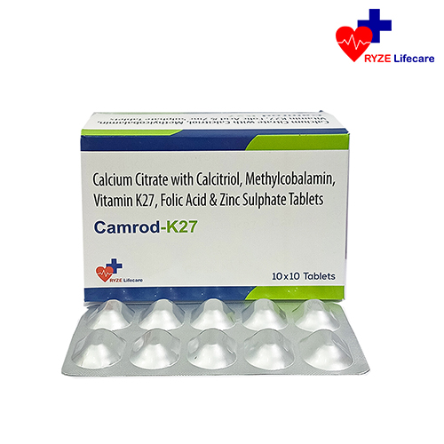 Product Name: Camrod K27, Compositions of Camrod K27 are Calcium Citrate with Calcitriol , Methylcobalamin, Vitamin K27, Folic Acid & Zinc Sulphate Tablets  - Ryze Lifecare