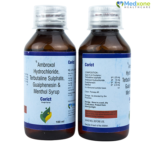 Product Name: CORICT, Compositions of Terbutaline Sulphate, Ambroxol Hcl, Guaiphensin & Menthol Syrup are Terbutaline Sulphate, Ambroxol Hcl, Guaiphensin & Menthol Syrup - Medxone Healthcare