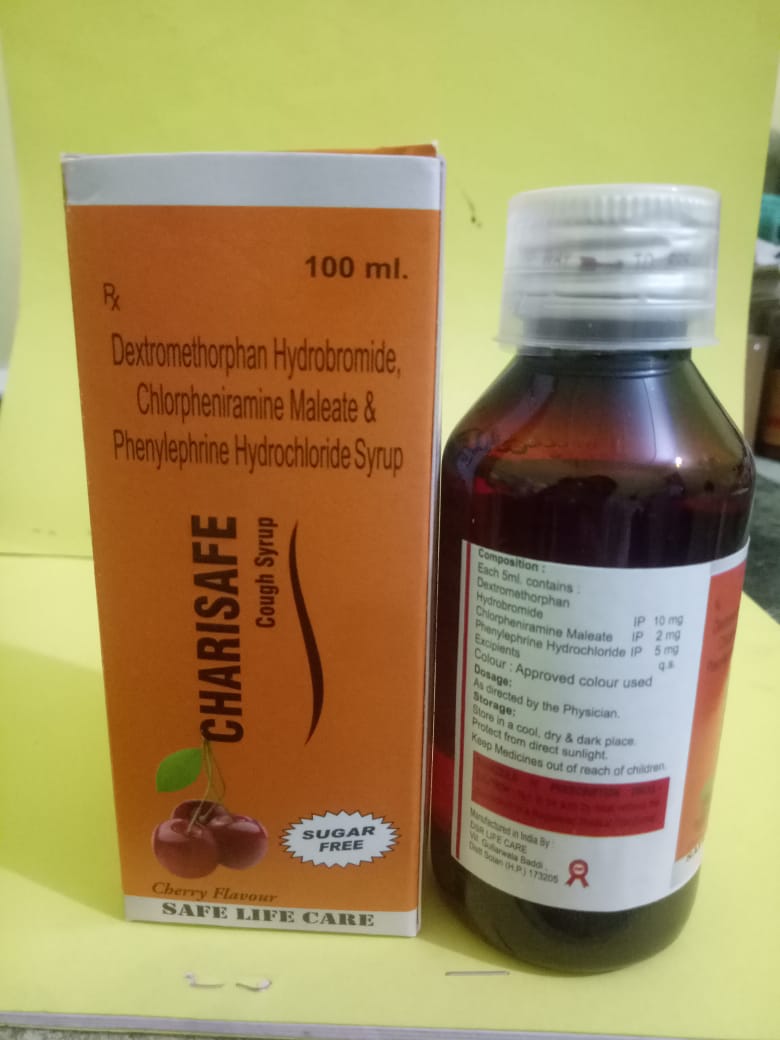 Product Name: Charisafe, Compositions of Charisafe are Dextromethorphan Hydrobromide,Chlorpheniramine Maleate  & Phenylephrin Hydrochloride  Syrup - Safe Life Care