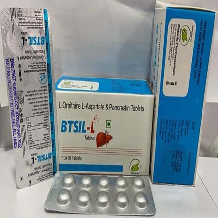 Product Name: Btsil L, Compositions of Btsil L are L-Ornithine L-Aspartate & Pancreation Tablets - Biotanic Pharmaceuticals