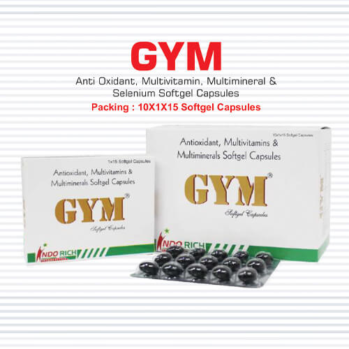 Product Name: GYM, Compositions of GYM are Anti-oxidant,Multivitamin,Multimineral & Selenium Softgel Capsules - Pharma Drugs and Chemicals