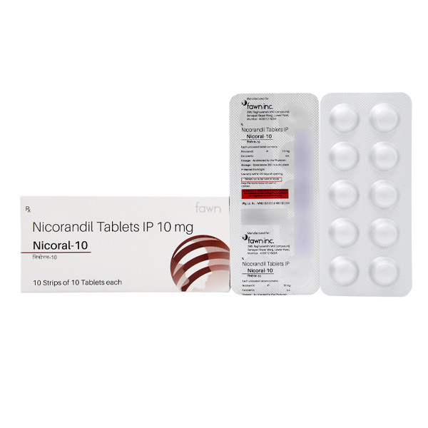Product Name: NICORAL 10, Compositions of NICORAL 10 are Nicorandil I.P 10mg - Fawn Incorporation