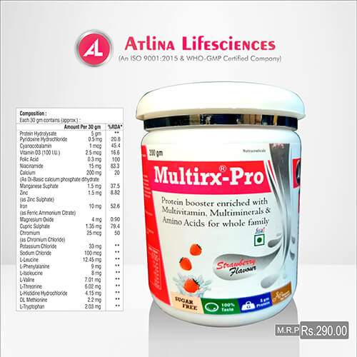 Product Name: Multirx Pro, Compositions of Multirx Pro are Protien Booster Enriched with Multivitamin,Multimineral & Amino Acids for whole Family - Atlina LifeSciences Private Limited