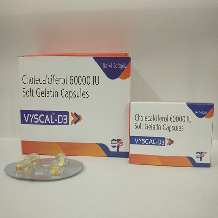 Product Name: Vyscal D3, Compositions of Vyscal D3 are Cholecalciferol 60000 IU Soft Gelatin Capsules - Cassopeia Pharmaceutical Pvt Ltd