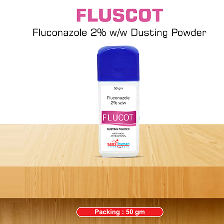 Product Name: Fluscot, Compositions of Fluscot are Fluconazole 2% w/w Dusting Powder  - Scothuman Lifesciences