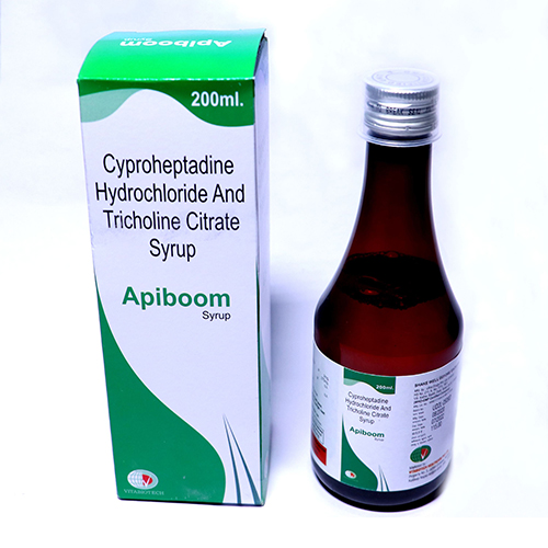 Product Name: Apiboom, Compositions of Apiboom are Cyproheptadone Hydrochloride & Tricholine Citrate Syrup - Vitabiotech Healthcare Private Limited