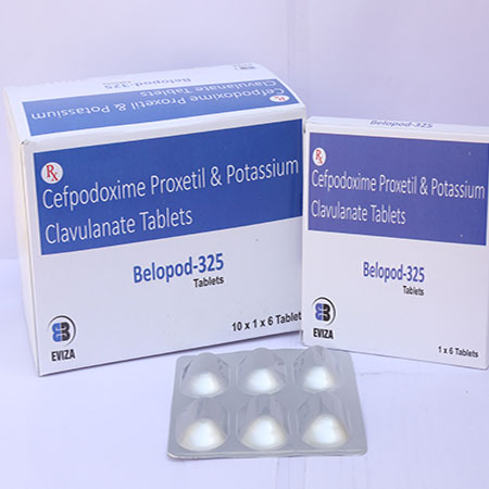 Product Name: Belopod 325, Compositions of Belopod 325 are Cefpodoxime Proxetil & Potassium Clavulanate Tablets - Eviza Biotech Pvt. Ltd
