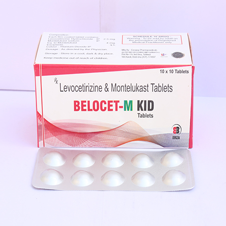 Product Name: Belocet M Kid, Compositions of Belocet M Kid are Levocetrizine & Montelukast Tablets - Eviza Biotech Pvt. Ltd