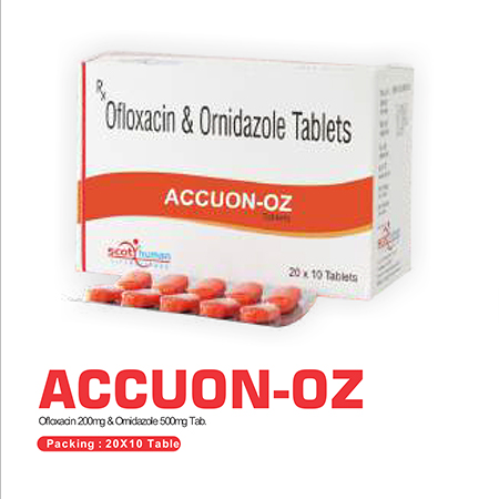 Product Name: Accuon Az, Compositions of Accuon Az are Ofloxacin & Ornidazole Tablets - Scothuman Lifesciences