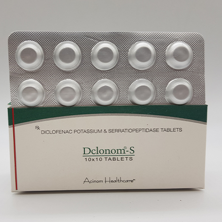 Product Name: Dclonom S, Compositions of Dclonom S are Diclofenac Potassium and Serratiopeptidase Tablets - Acinom Healthcare