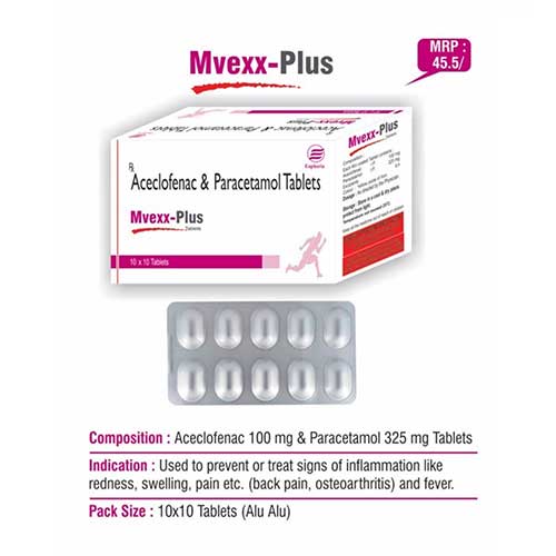 Product Name: Mvexx Plus, Compositions of Mvexx Plus are Aceclofenac, Paracetamol Tablets - Euphoria India Pharmaceuticals
