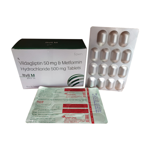 Product Name: ITVIL M, Compositions of ITVIL M are Metformin HCL & Vildagliptin (500mg+50mg) - Fawn Incorporation
