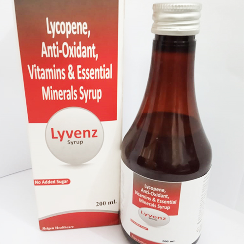 Product Name: LYVENZ Syrup, Compositions of LYVENZ Syrup are LYCOPENE 6% 1000 MCG  Vit. A 2500 I.U   VIT. E 10 I.U  VIT. C 50MG - JV Healthcare