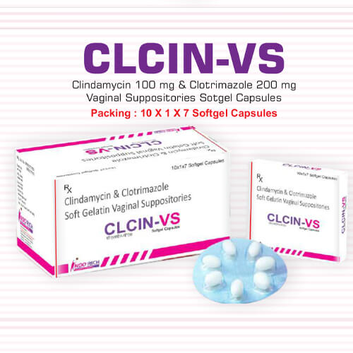 Product Name: Clcin Vs, Compositions of Clcin Vs are Clindamycin 100 mg & clotrimazole 200 mg Vaginal Suppositories Softgel Capsules - Pharma Drugs and Chemicals