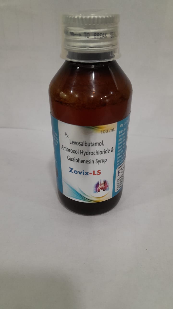 Product Name: ZEVIX LS Syrup, Compositions of ZEVIX LS Syrup are LEVOSALBUTAMOL 1.0MG, AMBROXOL 30MG, GUAIPHENESIN 50MG - Feravix Lifesciences