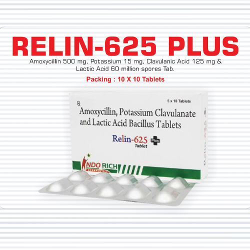 Product Name: Relin 625 Plus, Compositions of Relin 625 Plus are Amoxicyllin,Potassium Clavunate and Lactic Acid Bacillus Tablets IP - Pharma Drugs and Chemicals