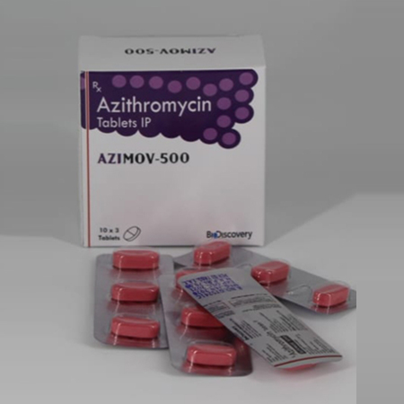 Product Name: Azimov 500, Compositions of Azimov 500 are Azithromycin Tablets IP - Biodiscovery Lifesciences Pvt Ltd