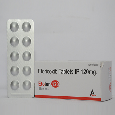 Product Name: ETOLEN 120, Compositions of ETOLEN 120 are Etoricoxib Tablets IP 120mg - Alencure Biotech Pvt Ltd