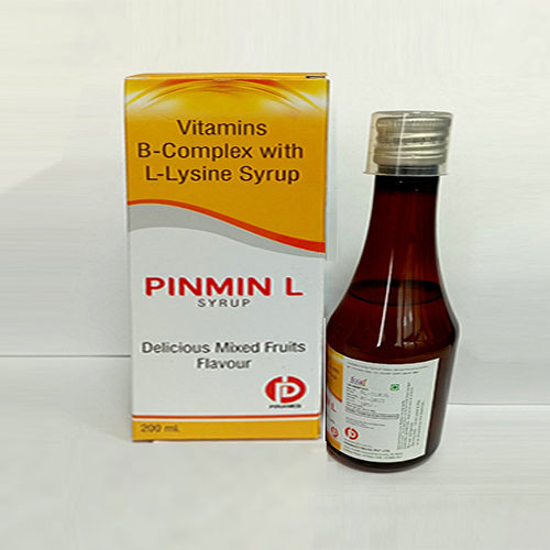 Product Name: Pinmin L Syrup, Compositions of Pinmin L Syrup are Vitamins B-Complex With L-Lysine Syrup - Pinamed Drugs Private Limited