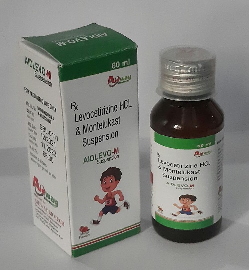Product Name: Aidlevo M, Compositions of Aidlevo M are Levocetirizine Hcl & Montelukast Suspension - Aidway Biotech
