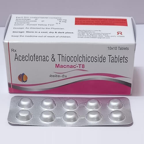 Product Name: Macnac T8, Compositions of Macnac T8 are Aceclofenac & Thiocolchicoside Tablets - Macro Labs Pvt Ltd