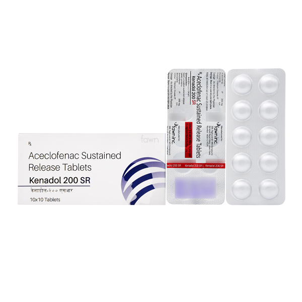 Product Name: KENADOL 200 SR, Compositions of KENADOL 200 SR are Aceclofenac Sustained released 200mg - Fawn Incorporation