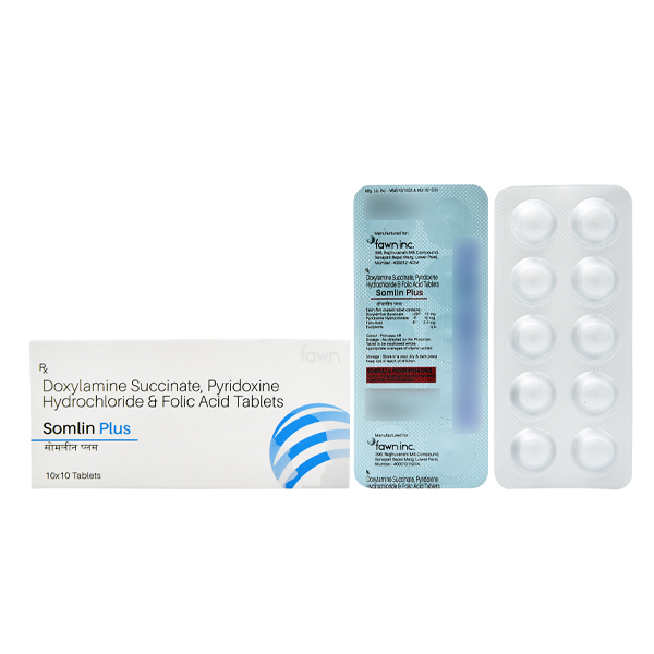 Product Name: SOMLIN PLUS, Compositions of Doxylamine Succinate 10 mg & Pyridoxine Hydrochloride 10 mg & Folic Acid 2.5 mg. are Doxylamine Succinate 10 mg & Pyridoxine Hydrochloride 10 mg & Folic Acid 2.5 mg. - Fawn Incorporation