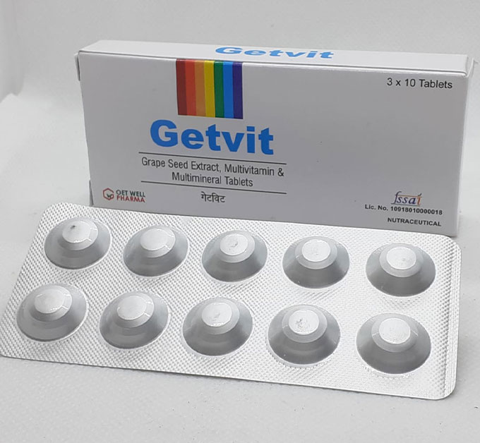 Product Name: Getvit, Compositions of Getvit are Grape Seed Extract, Multivitamin & Multimineral - G N Biotech