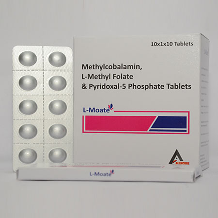 Product Name: L MOATE, Compositions of L MOATE are Methylcobalamin, L-Methyl Folate & Pyridoxal-5 Phosphate Tablets - Alencure Biotech Pvt Ltd