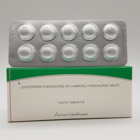 Product Name: Monlevo A, Compositions of Monlevo A are Levofloxacin Hydrochloride with Ambroxol Hydrochloride tablet - Acinom Healthcare