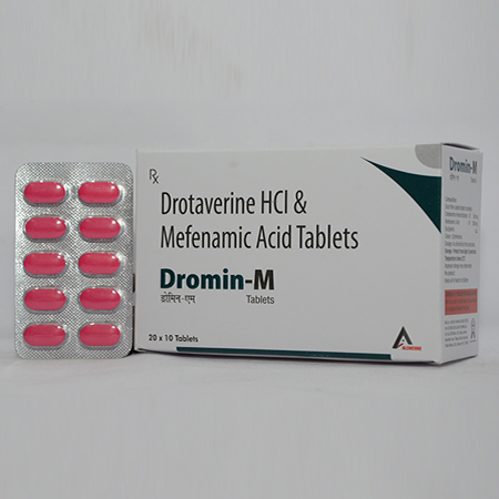 Product Name: DROMIN M, Compositions of DROMIN M are Drotaverine HCL & Mefenamic Acid Tablets - Alencure Biotech Pvt Ltd