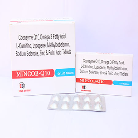 Product Name: Mincob Q10, Compositions of Mincob Q10 are Coenzyme Q10 Omega 3 Fatty Acid L Carnitine Lycopene Methylcobalamin Sodium Selenate Zinc & Folic Acid Tablets - Eviza Biotech Pvt. Ltd