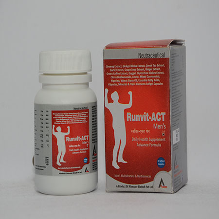 Product Name: RUNVIT ACT MENS, Compositions of RUNVIT ACT MENS are Soft Gelatin Capsules of Omega 3 Fatty Acids, Green Tea Extract, Ginkgo Biloba, Gingseng, Grapeseed Extract, Antioxidants Vitamins, Minerals & Trace Elements - Alencure Biotech Pvt Ltd