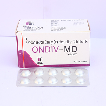 Product Name: Ondiv MD, Compositions of Ondiv MD are Ondansetron Orally Disintegrating Tablets IP - Eviza Biotech Pvt. Ltd
