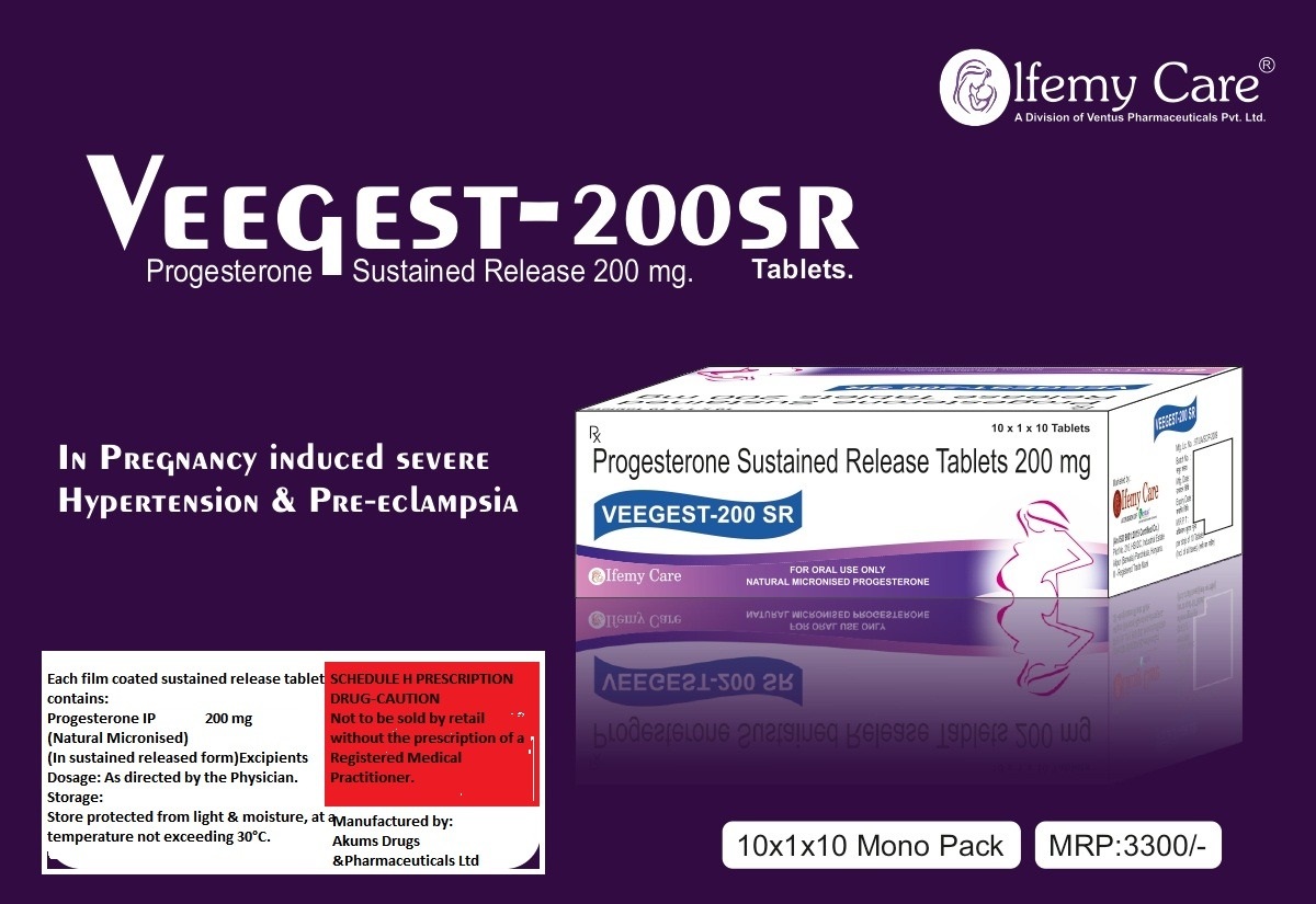 Product Name: Veegest 200 SR, Compositions of Veegest 200 SR are Progestterone Sustained Release 200 mg - Olfemy Care