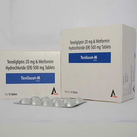 Product Name: TENLISCOT M, Compositions of TENLISCOT M are Teneligliptin 20mg & Metformin HCL (ER) 500mg Tablets - Alencure Biotech Pvt Ltd