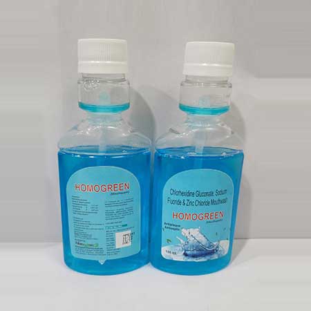 Product Name: Homogreen, Compositions of Homogreen are Chlorehexidine Gluconate Sodium Fluoride & Zinc Chloride Mouthwash - Abigail Healthcare