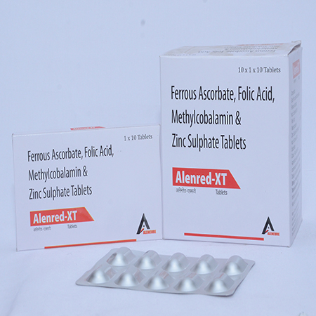Product Name: ALENRED XT, Compositions of ALENRED XT are Ferrous Ascrobate, Folic Acid, Methylcobalamin & Zinc Sulphate Tablets - Alencure Biotech Pvt Ltd