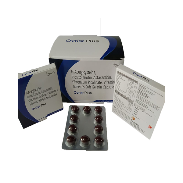 Product Name: OVRIST PLUS, Compositions of N Acetylcysteine 600mg + Inositol 12.5mg + Biotin 1mg + Astaxanthin 8mg + Chromium Picolinate 500mcg + Alfacalcidol 0.5mcg , Vitamin A 600mcg + Vitamin B1 1.7mg + Vitamin B6 2.0mg + Vitamin B12 1mcg Zinc Sulphate Monohydrate  are N Acetylcysteine 600mg + Inositol 12.5mg + Biotin 1mg + Astaxanthin 8mg + Chromium Picolinate 500mcg + Alfacalcidol 0.5mcg , Vitamin A 600mcg + Vitamin B1 1.7mg + Vitamin B6 2.0mg + Vitamin B12 1mcg Zinc Sulphate Monohydrate  - Fawn Incorporation