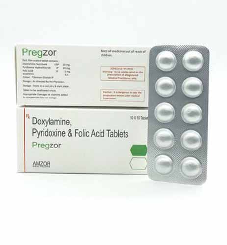 Product Name: PREGZOR, Compositions of PREGZOR are Doxylamine, Pyridoxine & Folic Acid Tablets - Amzor Healthcare Pvt. Ltd