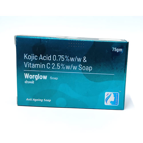 Product Name: Worglow Soap, Compositions of Worglow Soap are Kozic Acid 0.75% w/w & Vitamin C 2.5% w/w soap - WHC World Healthcare
