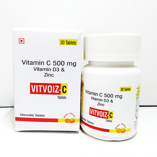 Product Name: Vitvoiz C, Compositions of Vitvoiz C are VITAMIN C 500MG Plus ZINC 10 MG Plus VITA D3 400 I.UCHEWABLE TABLETS - Voizmed Pharma Private Limited